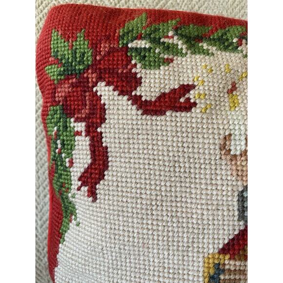 Vintage Steinwinder Needlepoint Christmas Santa Claus Pillow Bear Holly 13 x 13" - Picture 3 of 12